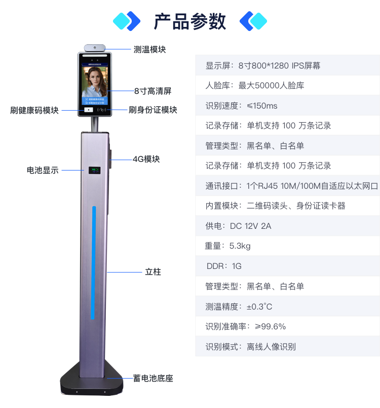 蓄电池4G人证核验测温门禁一体机